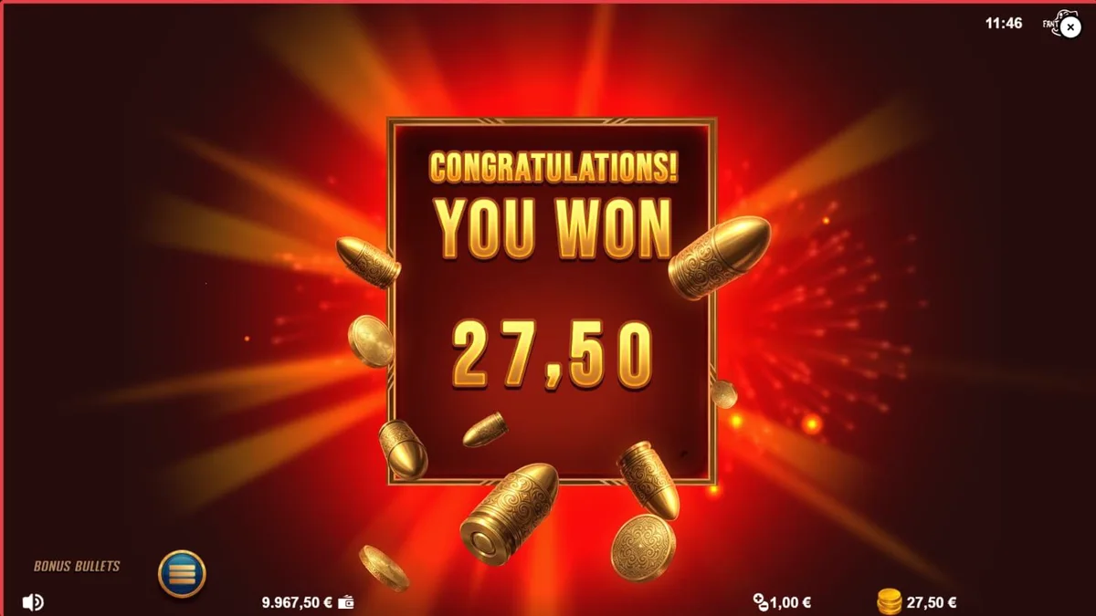 Interface do jogo de slot Bonus Bullets com revólver dourado e símbolos de luxo
