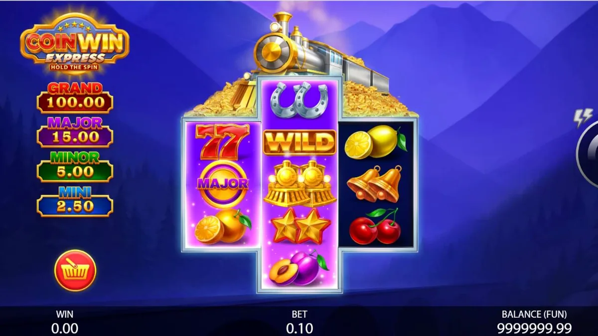 Visual dinâmico do jogo Coin Win Express com símbolos de trens e moedas douradas