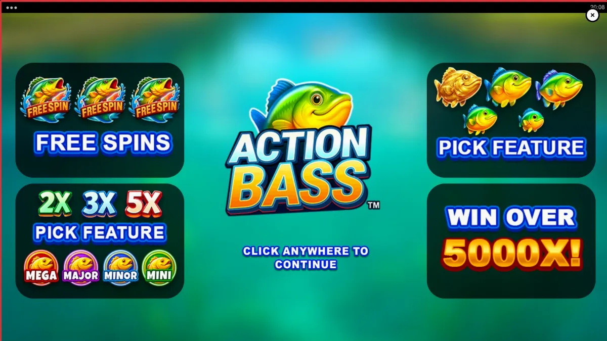 Interface do jogo de slot Action Bass com tema de pesca