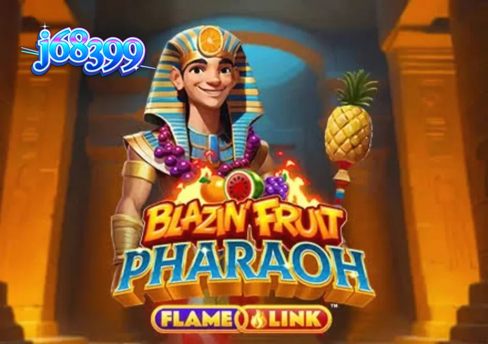 Interface vibrante do slot Blazin’ Fruit Pharaoh FlameLink™ com símbolos de frutas e elementos egípcios